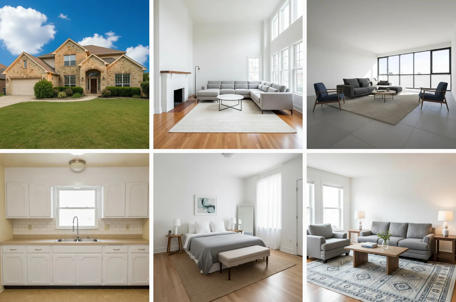 A finished set of property photos delivered together — staged rooms, a blue-sky exterior, and a refreshed kitchen
