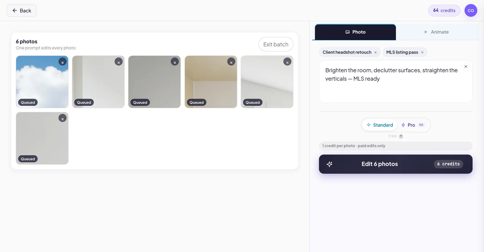 Batch mode in the editor — a set of photos queued, with one prompt that edits every photo