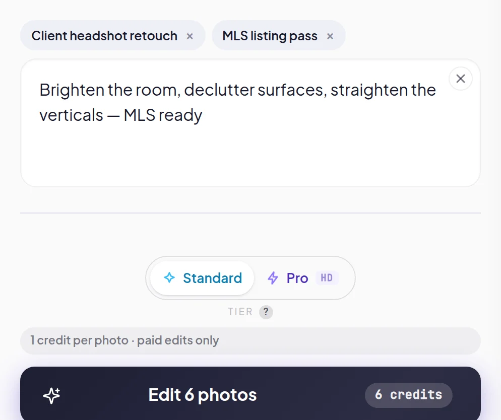 Saved recipes as one-tap chips above the prompt box — 'Client headshot retouch' and 'MLS listing pass'